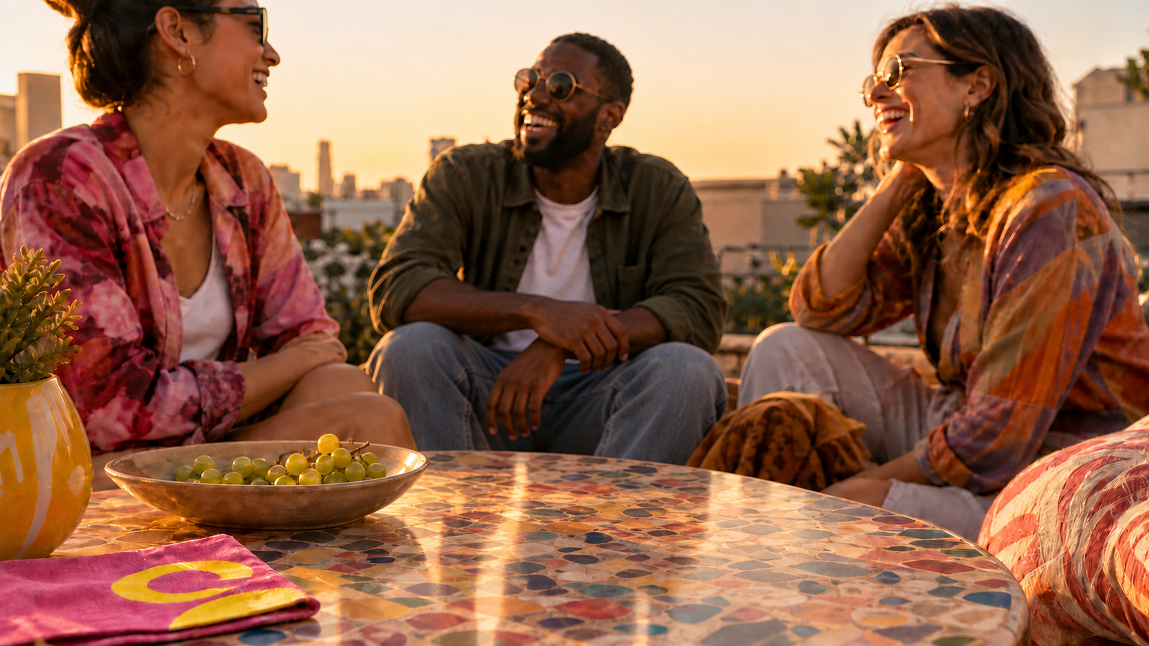 Friends spending time together on a rooftop at sunset