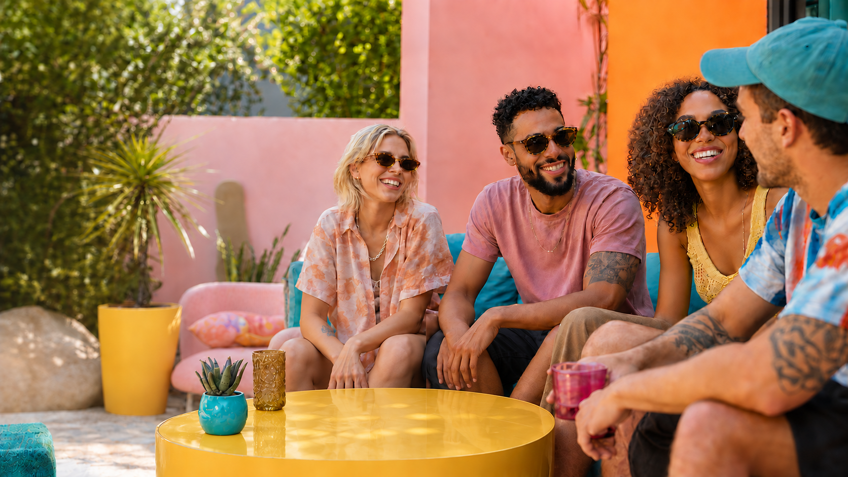 Friends gathered outdoors in a colorful patio setting