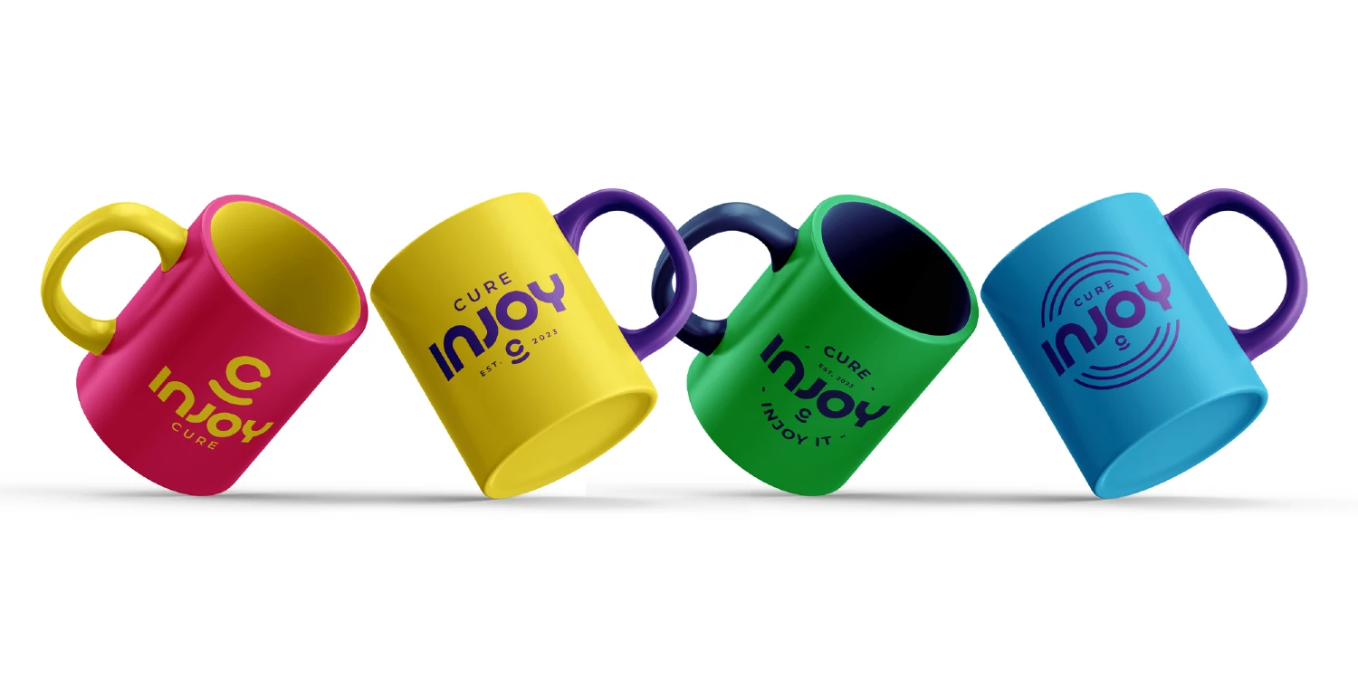 Colorful Cure Injoy wordmark mugs